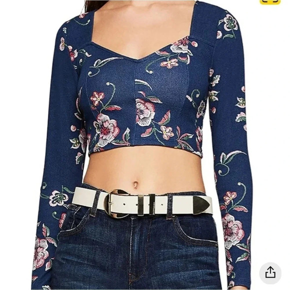 Bcbgeneretion Floral Cropped Top Blouse Blue Size Large long Sleeve - Picture 10 of 13